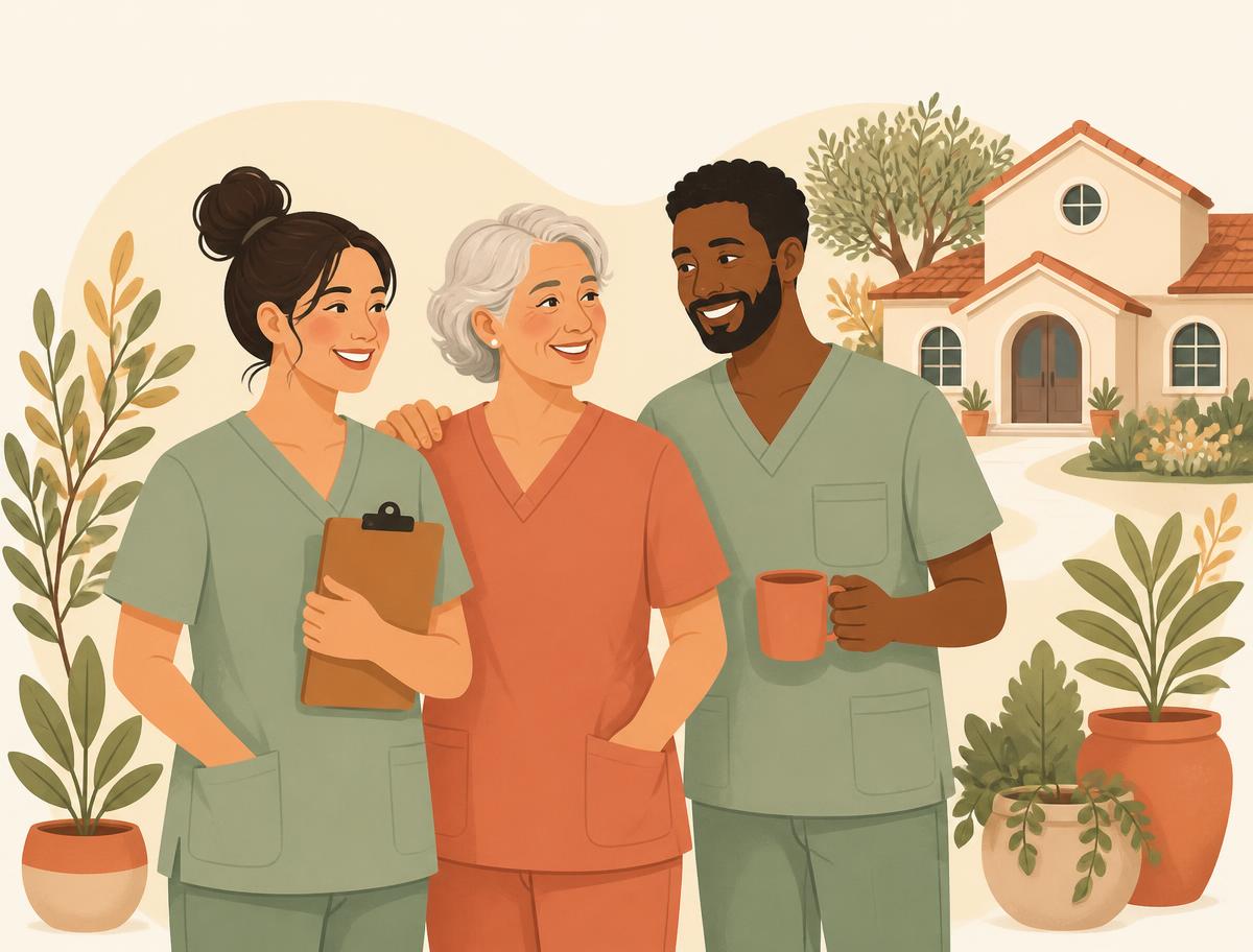 Illustration eines freundlichen Pflegeteams vor einem Seniorenzentrum
